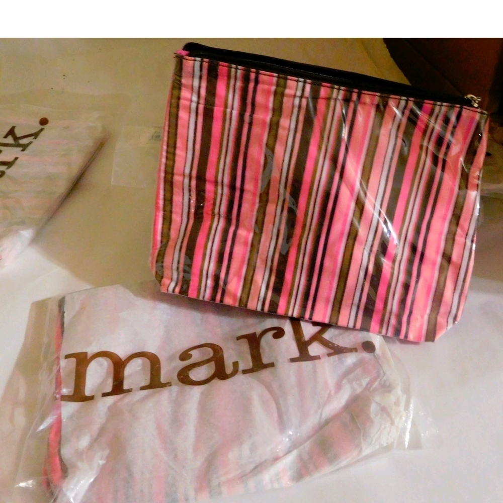 mark. Pink and Brown Striped Cosmetic Bag 11"×9"×2"